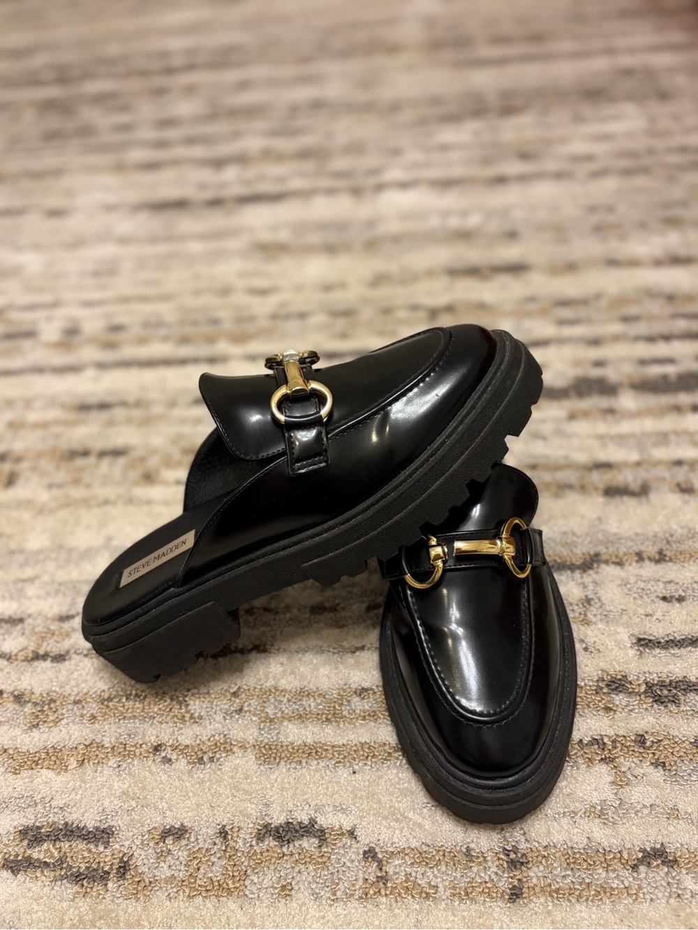 Steve Madden | Black Patent Leather Loafer Mules- Gold Horsebit Accent size 8.5
